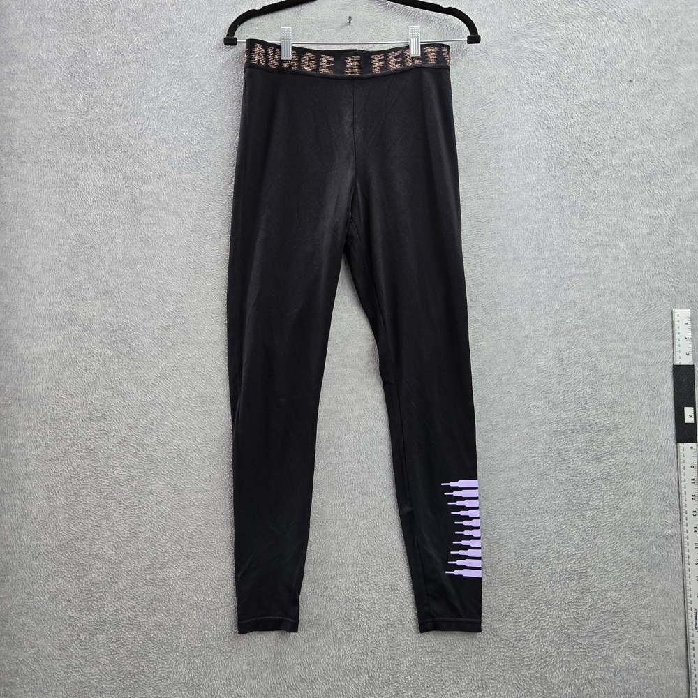 Savage X Fenty Women Activewear Pants LARGE Black Nylon Rayon Abstract Bars